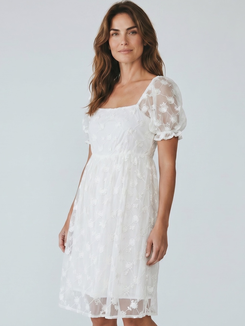 White Embroidered Puff-Sleeve Dress Baby doll New Size L Tullabee